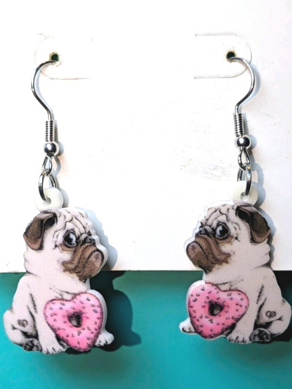 Hand Crafted Pug Earrings with Pink Heart Accent